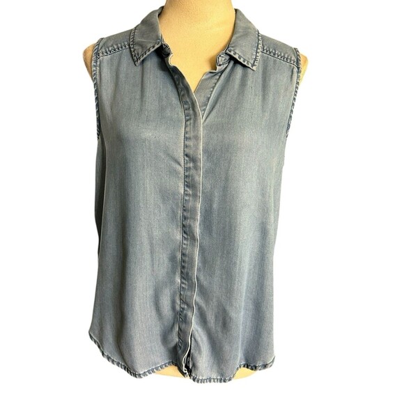 NYDJ Womens Vara Indigo PM Blue Tencel Chambray Button Back Sleeveless Top - Picture 3 of 8